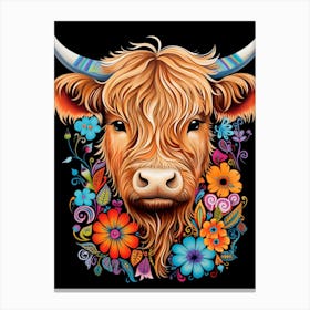 Floral Digital Portrait Of Highland Cow Canvas Print
