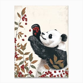 Giant Panda Standing And Reaching For Berries Storybook Illustration 1 Canvas Print