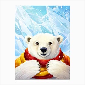 Polar Bear Cub Fluffy White Fur Snowy Backdrop Cozy Knit Cap Cheerful Colors Handcrafted Scarf Canvas Print