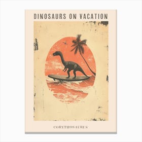 Vintage Corythosaurus Dinosaur On A Surf Board 1 Poster Canvas Print
