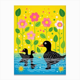 Floral Black Patterned Ducks Canvas Print
