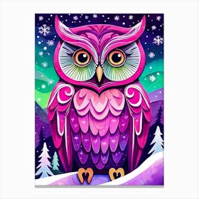 Pink Owl Snowy Landscape Painting (178) Canvas Print