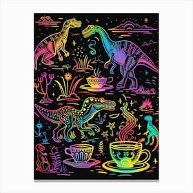 Neon Dinosaur Rainbow Illustration With Tea Canvas Print
