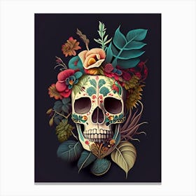 Sugar Skull Day Of The Dead Inspired Skull 2 Botanical Canvas Print