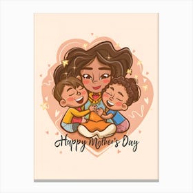 Happy Mother's Day - A Cute Cartoon Style Of A Mother Sitting With Her Son And Daughter 2 Canvas Print