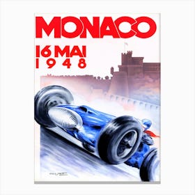 Vintage advertising poster promoting the Monaco Grand Prix which is a Formula One motor race held each year on the Circuit de Monaco. Run since 1929, it is widely considered to be one of the most important and prestigious automobile races in the world. 1 Canvas Print