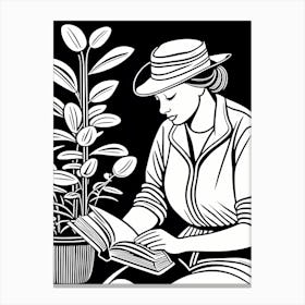 Lino cut Inspired black and white Reading In the Garden Art, Garden Girl Art, Gardening reading, 257 Canvas Print