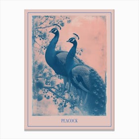 Two Peacocks On A Tree Pink Cyanotype Inspired Poster Canvas Print