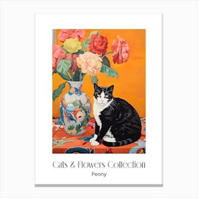 Cats & Flowers Collection Peony Flower Vase And A Cat, A Painting In The Style Of Matisse 1 Canvas Print