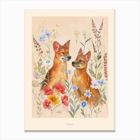 Folksy Floral Animal Drawing Dingo Poster Canvas Print