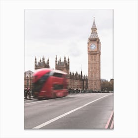 London, England I Big Ben clock tower and a british iconic red bus in motion on Westminster Bridge under an aesthetic autumn moody cloudy grey sky on the road and geometric london brick architecture photography Toile