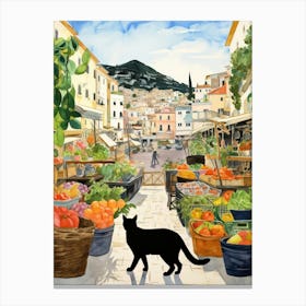 Food Market With Cats In Amalfi 2 Watercolour Canvas Print