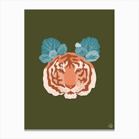 Tiger And Saxifraga On Olive Green Canvas Print