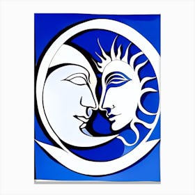 Sun And Moon 1 Symbol Blue And White Line Drawing Canvas Print