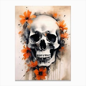 Abstract Skull Orange Flowers Painting (28) Canvas Print