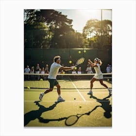 An Energetic Tennis Match In Progress At An Outdoor Courts Players Lobbing Yellow Tennis Balls With (6) Canvas Print