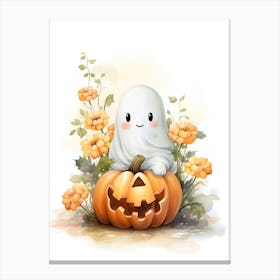 Cute Ghost With Pumpkins Halloween Watercolour 151 Canvas Print