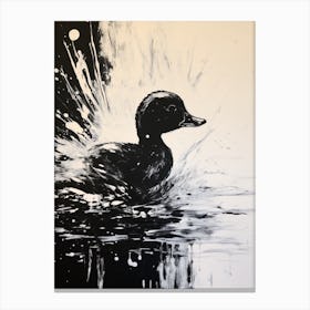Black & White Painting Of Duckling Gliding Along The Pond 2 Canvas Print