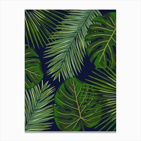 Tropical Monstera and Palm Leaves on Blue Canvas Print