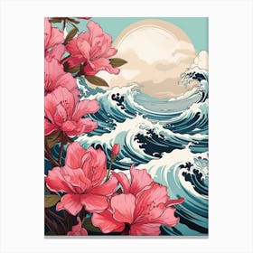 Great Wave With Rhododendron Flower Drawing In The Style Of Ukiyo E 2 Canvas Print