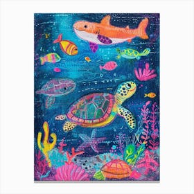 Sea Turtle & Friends Rainbow Scribble Canvas Print