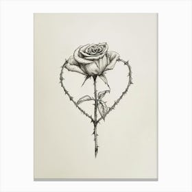 English Rose In A Heart Line Drawing 2 Canvas Print
