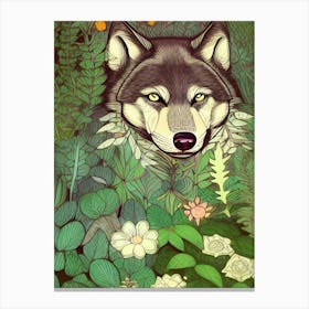 Wolf Flowers Nature Wildflowers Husky Dog Canine Pet Cartoon Canvas Print