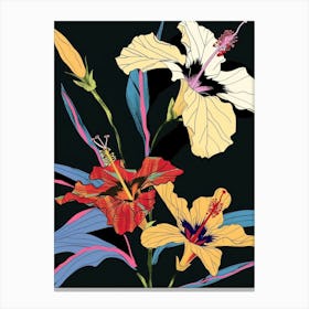 Neon Flowers On Black Hibiscus 2 Canvas Print