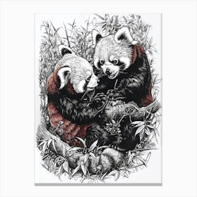 Red Panda Playing Together In A Meadow Ink Illustration 3 Canvas Print