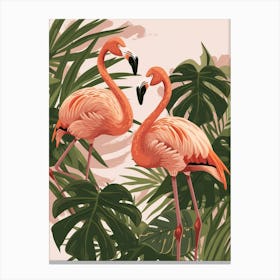 Lesser Flamingo And Monstera Deliciosa Boho Print 3 Canvas Print