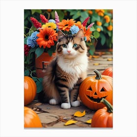 Cat In Front Of Pumpkins Canvas Print