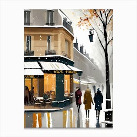 Paris cafes, winter season, Christmas, autumn oil colors, pale colors, pedestrians in the street, winter clothes, falling snow.Christmas decorations.11 2 Canvas Print