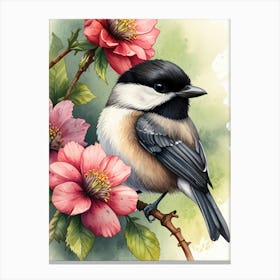 Chickadee With Flowers Canvas Print