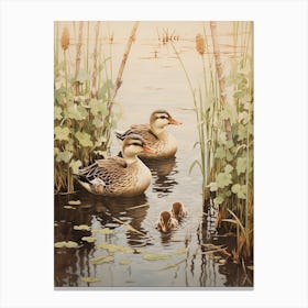 Ducklings Swimming Japanese Woodblock Style 2 Canvas Print