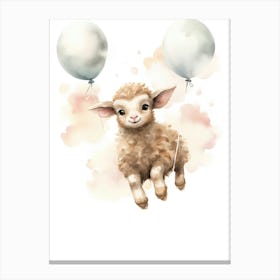 Baby Sheep Flying With Ballons, Watercolour Nursery Art 4 Canvas Print
