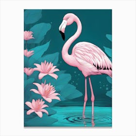 Pink And Blue Flamingo With Lillies Canvas Print