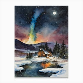 Magical Geyser in Iceland ~ Scenic Watercolor of Magic Icelandic Winter Cottage ~ Witchy Pagan Beautiful Watercolor Far North Spellwork Fairytale Dreamy Painting On a Full Moon Stargazer Northern Lights Aurora Borealis Dream Canvas Print