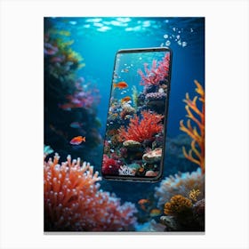 Smartphone Transitioning Seamlessly Into A Vibrant Coral Reef Colors Bleeding Like Watercolor Aqua Canvas Print