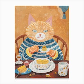 Brown Cat Having Breakfast Folk Illustration 1 Canvas Print
