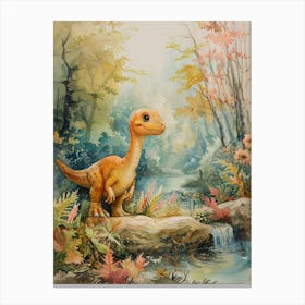 Cute Dinosaur By A Stream Storybook Painting Style Canvas Print