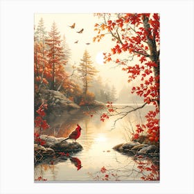 Autumn Bird By The Lake Canvas Print