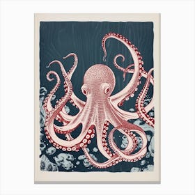 Red & Blue Octopus Retro Linocut Inspired 1 Canvas Print