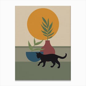Vintage Minimal Art Cat And Plants Canvas Print
