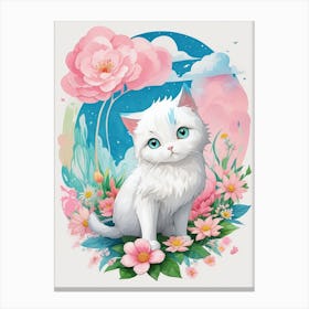 White Cat With Flowers Canvas Print