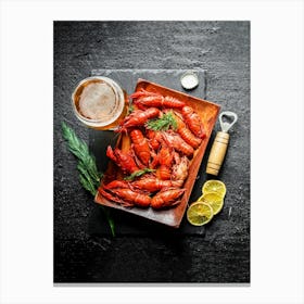 Beer with boiled crayfish — Food kitchen poster/blackboard, photo art Canvas Print