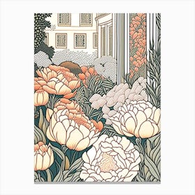 Courtyard With Peonies Orange And Pink 1 Drawing Canvas Print