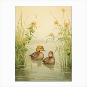 Pair Of Ducklings In The Water Japanese Woodblock Style 1 Canvas Print