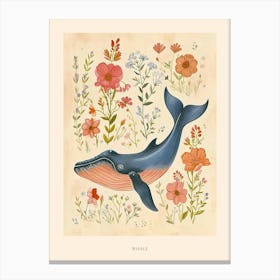 Folksy Floral Animal Drawing Whale 2 Poster Canvas Print