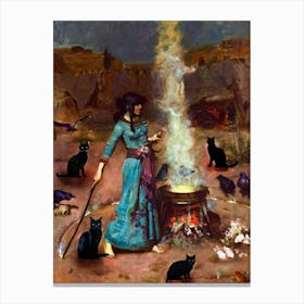 The Magic Circle Witches Art With Added Black Cats for Witchy Feature Wall - John William Waterhouse Antique Famous Funny Cat Witch Canvas Print