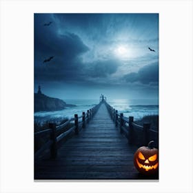 Halloween Themed Coastal Landscape During Dusk Featuring A Jack O Lantern With A Glowing Eye Perched (1) 2 Canvas Print